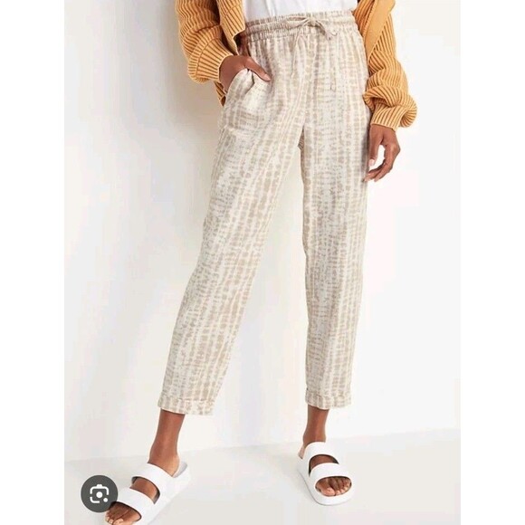 Old Navy Size Medium High-Waisted Beige Tie-Dye Linen-Blend Straight Crop Pants - Picture 1 of 10